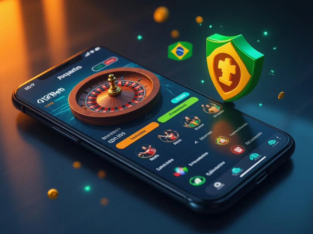 Interface da F12Bet no celular com apostas esportivas, roleta ao vivo, bônus e ícones do PIX, representando plataforma de apostas online no Brasil.